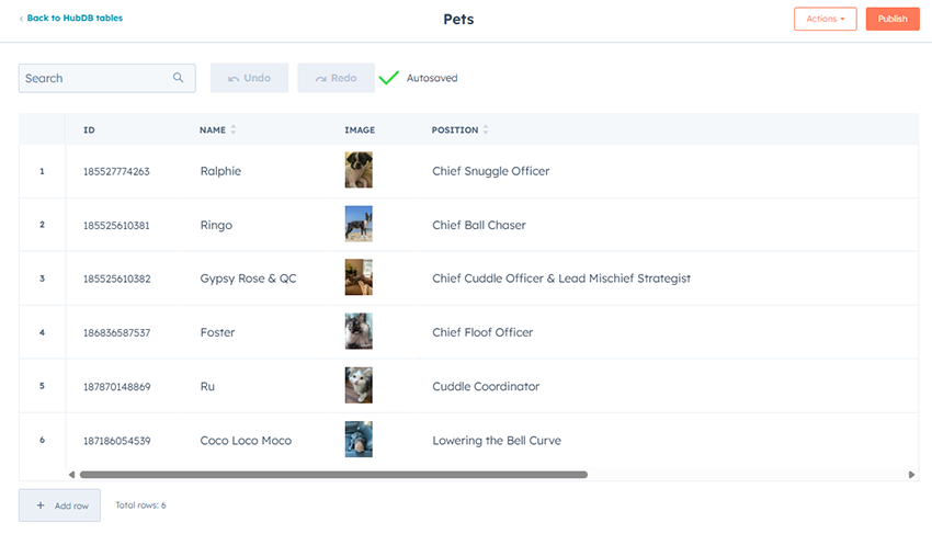 A screenshot of a HubDB table titled Pets with the columns ID, Name, Image, and Position.