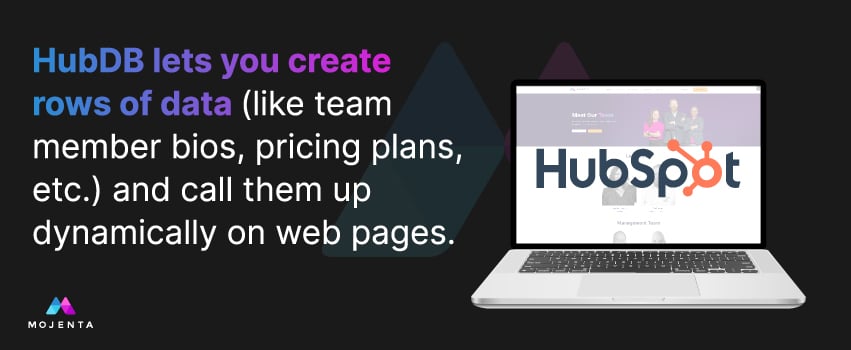 HubDB lets you create rows of data (like team member bios, pricing plans, etc.) and call them up dynamically on web pages.