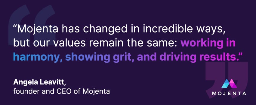A quote celebrating Mojenta's 15th anniversary from founder and CEO, Angela Leavitt.