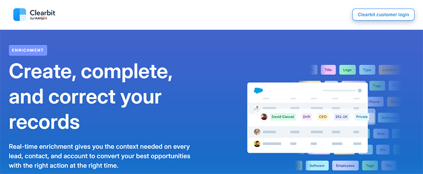 A screenshot of the Clearbit home page.