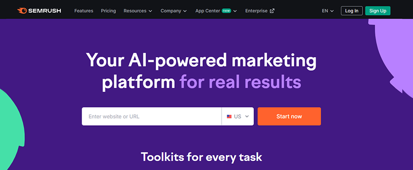 A screenshot of the Semrush home page.