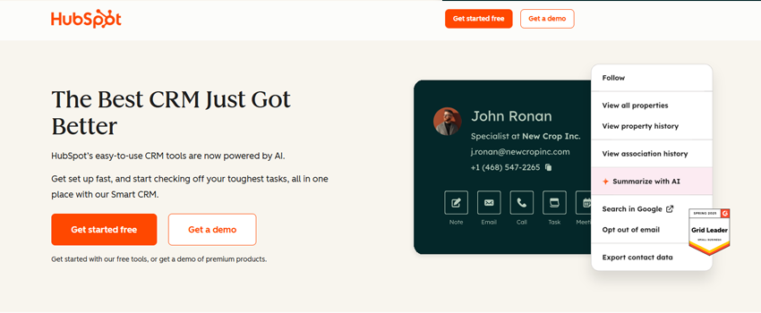 A screenshot of the top section of the HubSpot CRM landing page.