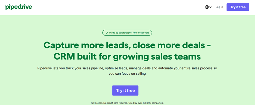 A screenshot of the top section of the Pipedrive CRM landing page.