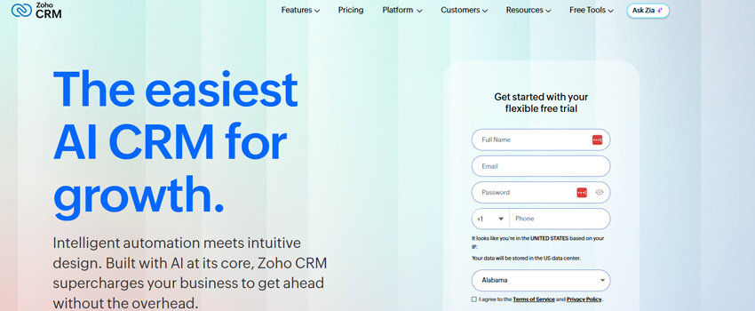 A screenshot of the top section of the Zoho CRM landing page.