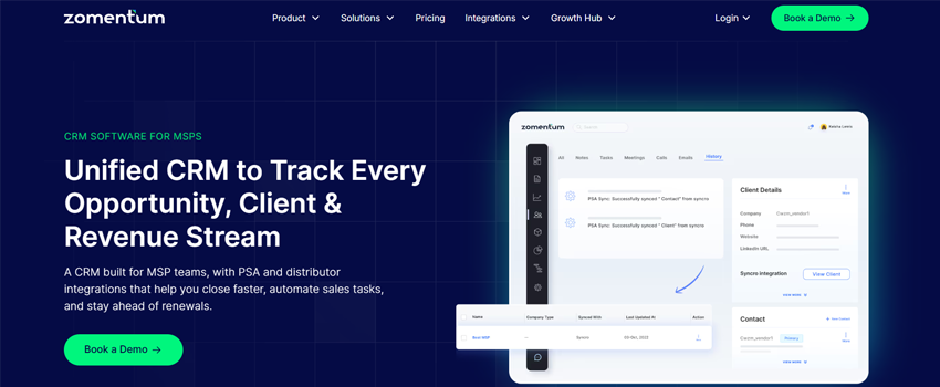 A screenshot of the top section of the Zomentum CRM landing page.