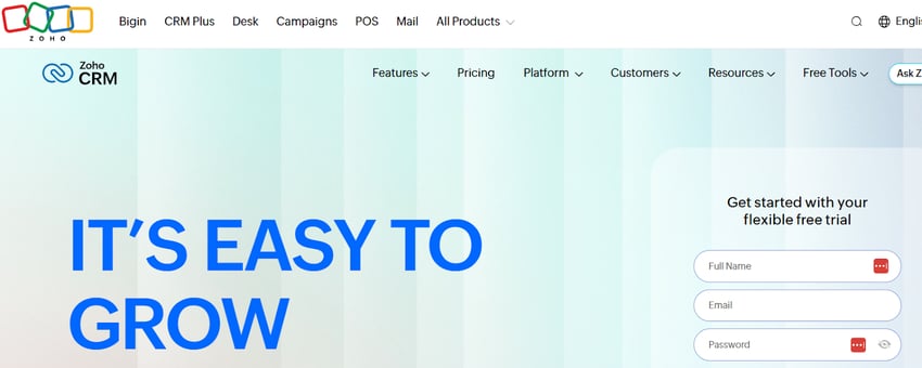 A screenshot of the home page for Zoho CRM.